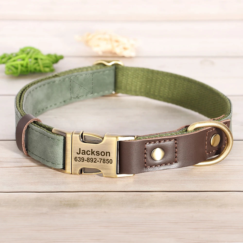 Leather, Engraved, Adjustable, Durable, Buckled, ID Collar for Small Medium & Large Dogs - JanesWaggingWonders