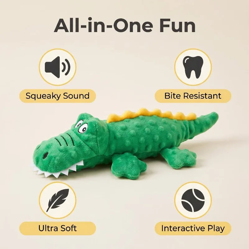 Soft Plush Dog Squeaky Chew Toys.  Stuffed Crocodile for Small & Large Dogs & Cat! Cute Interactive Squeak Toy.