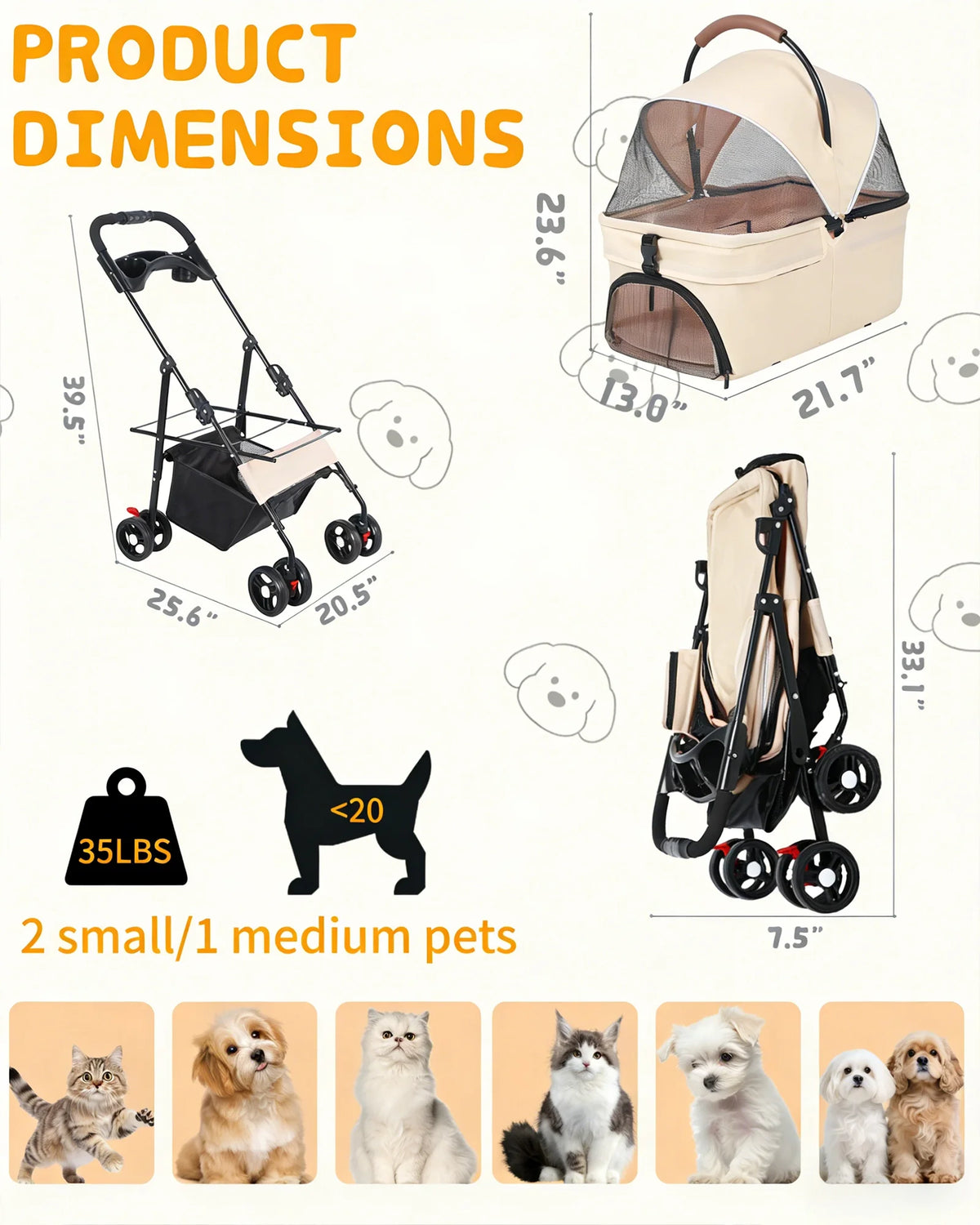 2-in-1Pet Stroller for Small Dogs & Cats! Foldable Lightweight 4 Wheel Dog or Cat Stroller with Removable Carrier! Travel Portable Pet Cart. - JanesWaggingWonders