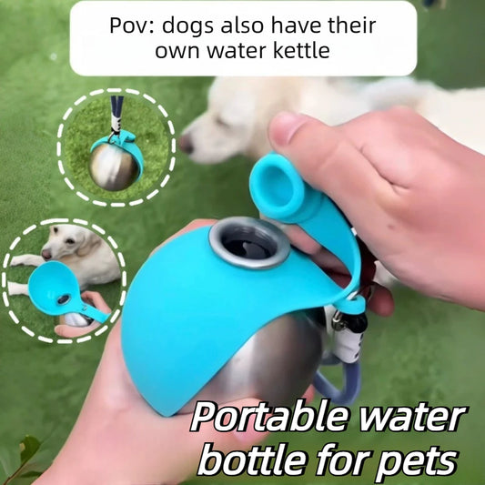 Dog Water Bottle with Removable Silicone Bowl. 285ml Stainless Steel Construction. 
Leak-Proof for Outdoor Activities.