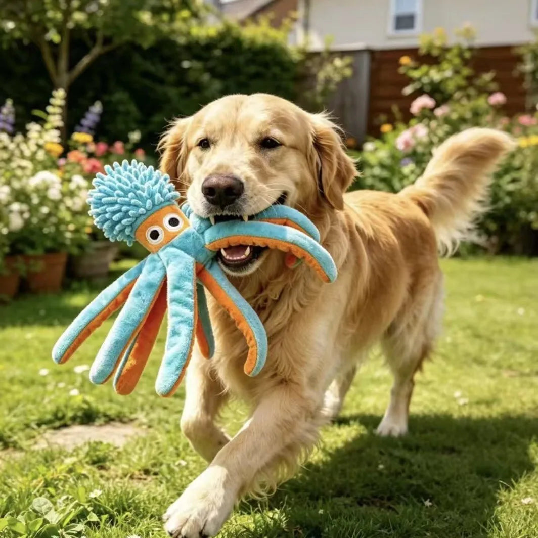 Soft Plush Octopus Dog Toy Squeaky Interactive Chew Toy, Teeth Cleaning. Companion Pet Play Toy for Boredom Relief.