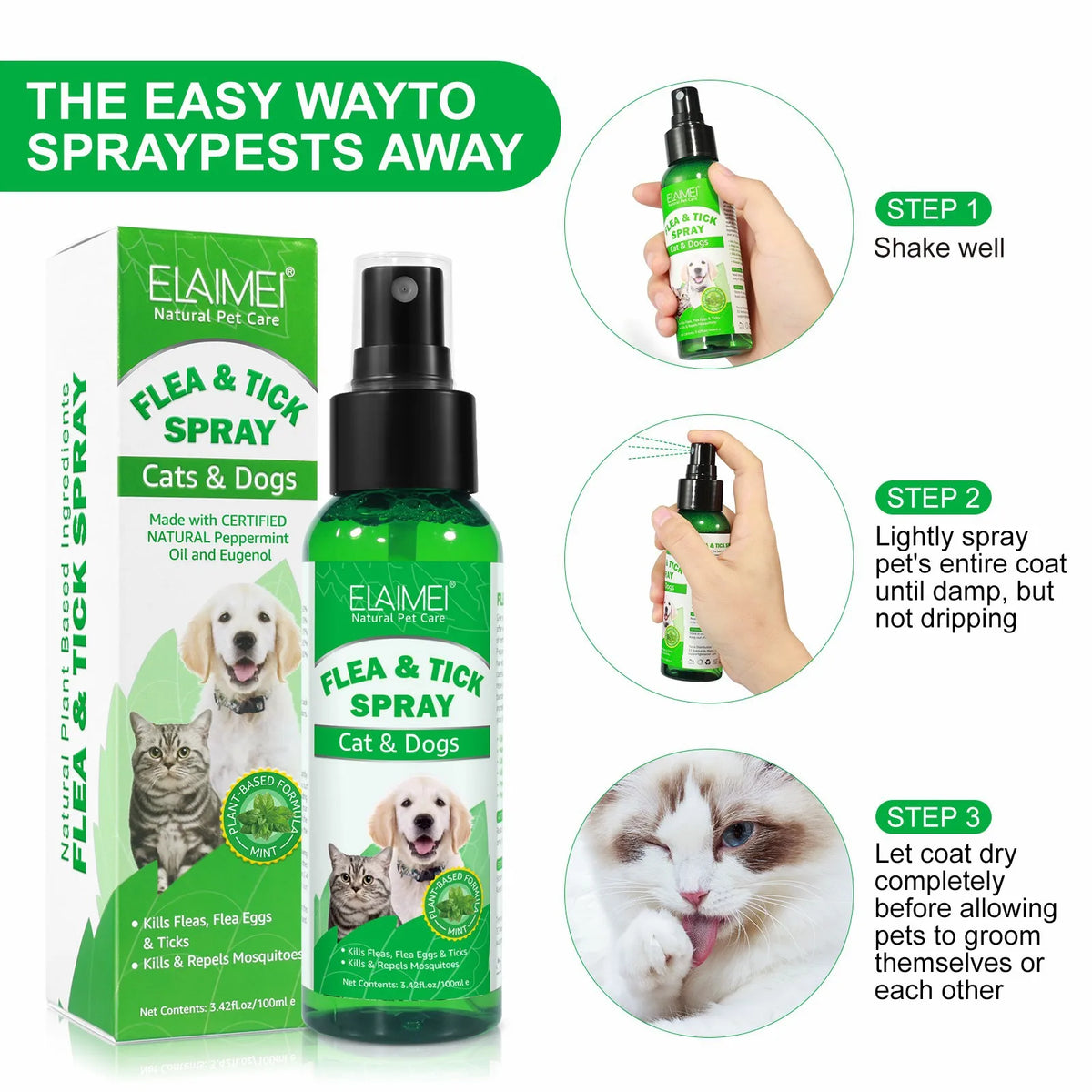 100ml Natural Pet Care Topical Flea & Tick Spray for Dogs & Cats with Fresh Fragrance Peppermint Oil and Eugenol