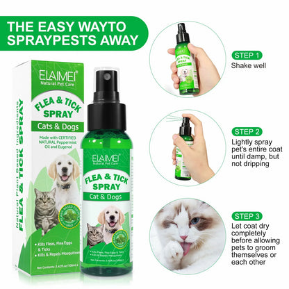 100ml Natural Pet Care Topical Flea & Tick Spray for Dogs & Cats with Fresh Fragrance Peppermint Oil and Eugenol