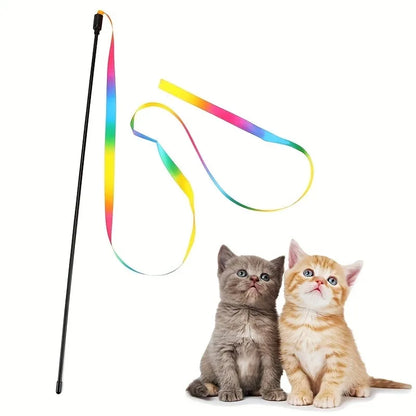 Interactive Cat Toys with Colorful Ribbon Strips. Kitten Playing Teaser Wand Toy.