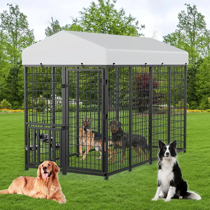 ROOMTEC Heavy Duty Outdoor Dog Kennel with Rotating Bowls, 8 x 4 x 5.6-ft