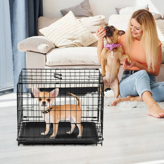 JHK Single Door 30 Inch Folding Metal Wire Dog Cage with Plastic Leak-Proof Pan.