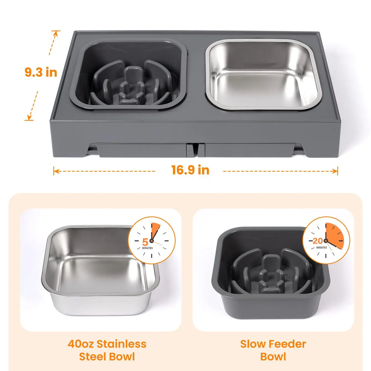 2-in-1 Elevated Slow Feeder Dog & Cat Bowls, Non-Slip Stainless Steel/Plastic/ Pet Food & Water Bowls with Foldable Stand!