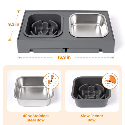 2-in-1 Elevated Slow Feeder Dog & Cat Bowls, Non-Slip Stainless Steel/Plastic/ Pet Food & Water Bowls with Foldable Stand!