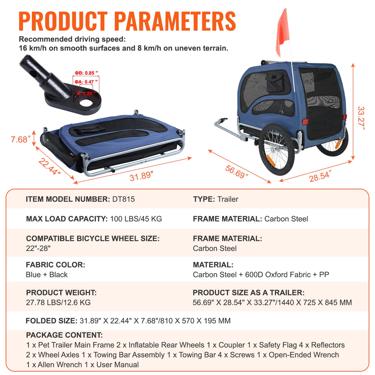Pet Cart Bicycle Carrier Dog & Cat Bike Trailer with Coupler, Reflectors & Flag!  Collapsible to Store!