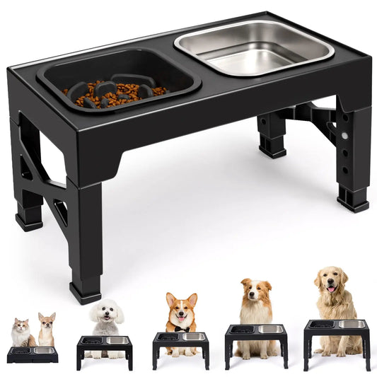 2-in-1 Elevated Slow Feeder Dog & Cat Bowls, Non-Slip Stainless Steel/Plastic/ Pet Food & Water Bowls with Foldable Stand!