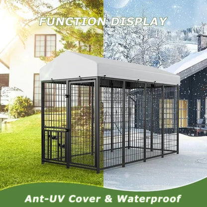 ROOMTEC Heavy Duty Outdoor Dog Kennel with Rotating Bowls, 8 x 4 x 5.6-ft