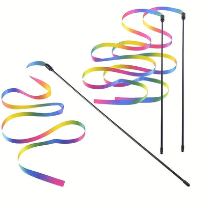 Interactive Cat Toys with Colorful Ribbon Strips. Kitten Playing Teaser Wand Toy.