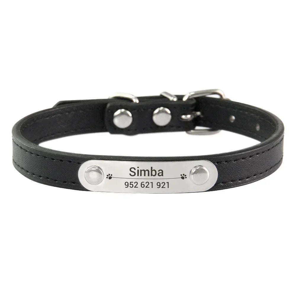 Personalized Dog Collar Name Carved ID ; Solid PU Leather Collar For Small Medium Large Dogs - JanesWaggingWonders