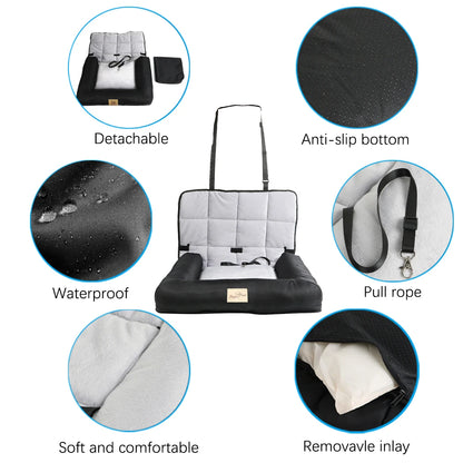 Car Seat Bed for Dog Waterproof Pet Cushion. Bed Mat Dog Carrier with Removable Pad Cover and Safety Belt 3 Sizes!