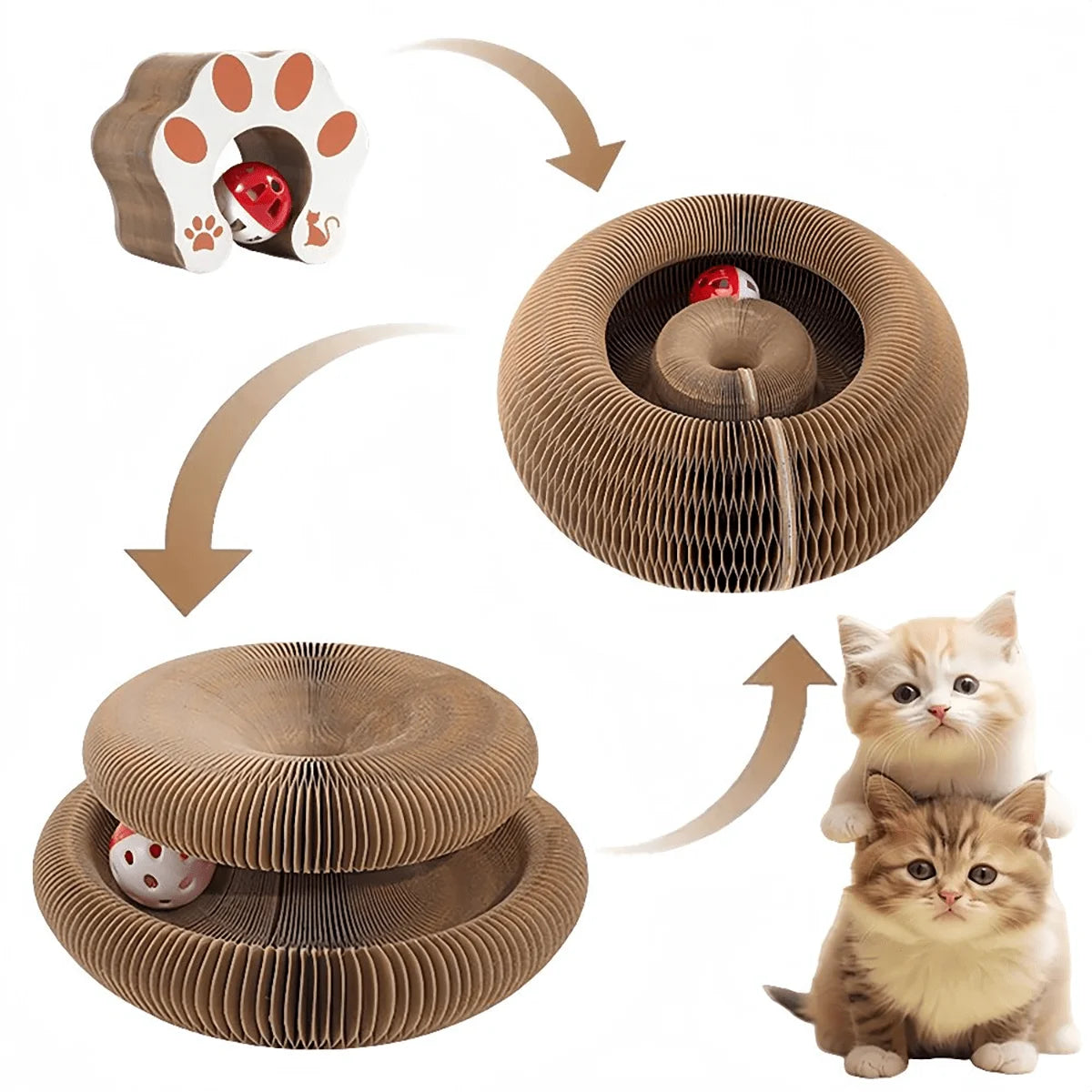 Foldable Cat Scratcher with Bell & Catnip - Multi-Level Cardboard Toy for Cats & Kittens, 
Durable Claw Sharpener