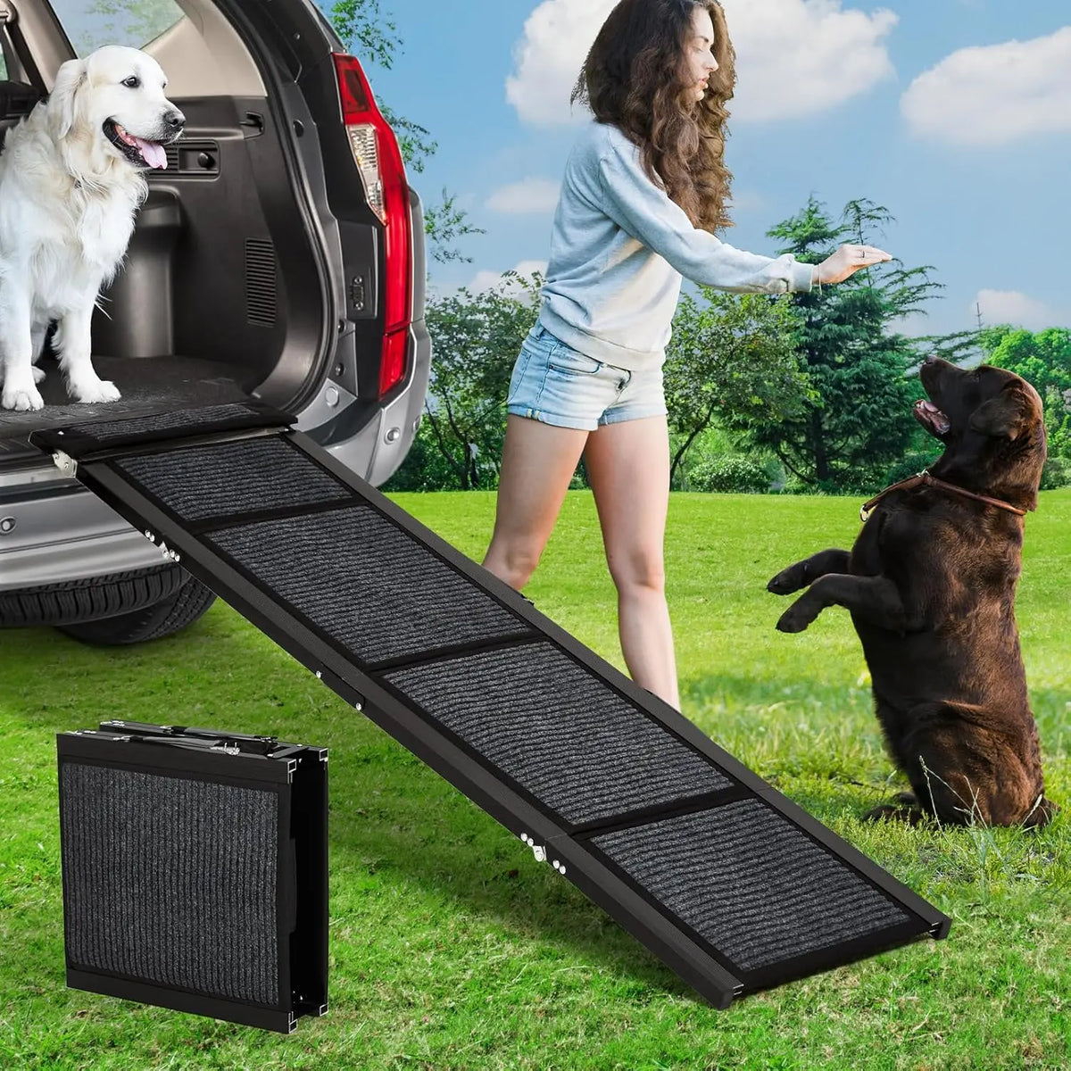 Upgraded Dog Ramp For Cars. Folding Pet Ramp For Large Dogs With Non-Slip Surface. Portable Outdoor Dog Car Ramp Up to 250 LBS!
