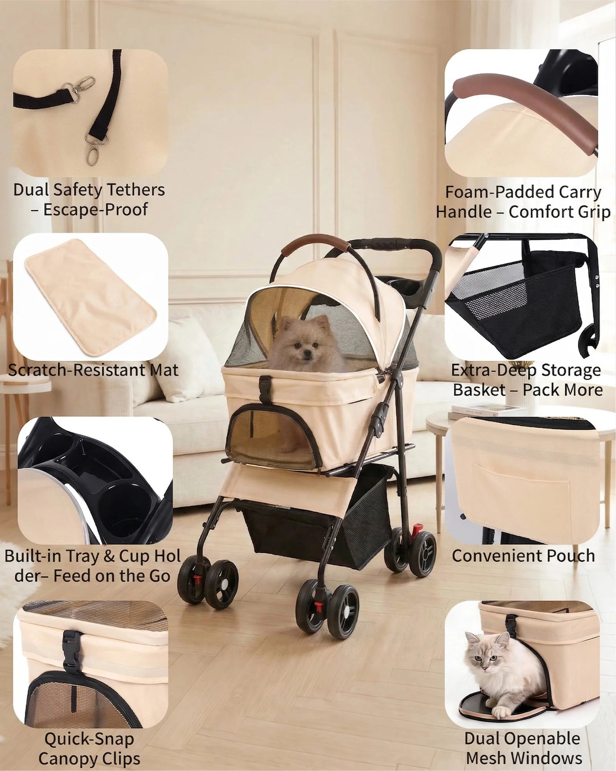 2-in-1Pet Stroller for Small Dogs & Cats! Foldable Lightweight 4 Wheel Dog or Cat Stroller with Removable Carrier! Travel Portable Pet Cart. - JanesWaggingWonders