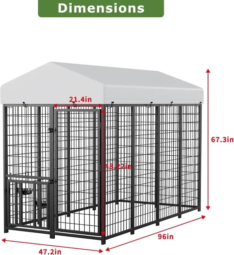 ROOMTEC Heavy Duty Outdoor Dog Kennel with Rotating Bowls, 8 x 4 x 5.6-ft