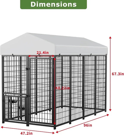 ROOMTEC Heavy Duty Outdoor Dog Kennel with Rotating Bowls, 8 x 4 x 5.6-ft