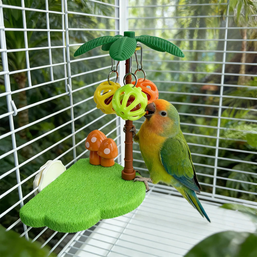 Tropical Bird Perch Platform Bell Ball Palm Tree. Interactive Toy Budgie Cockatiel Enrichment Boredom Relief Cage Accessory!