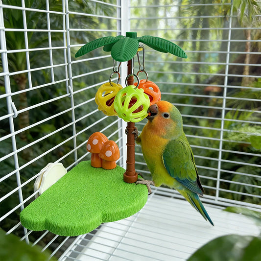 Tropical Bird Perch Platform Bell Ball Palm Tree. Interactive Toy Budgie Cockatiel Enrichment Boredom Relief Cage Accessory!