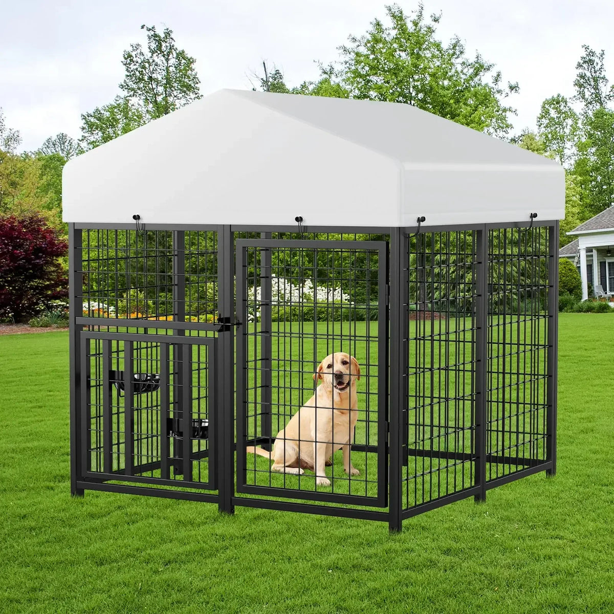 ROOMTEC Heavy Duty Outdoor Dog Kennel with Rotating Bowls, 8 x 4 x 5.6-ft
