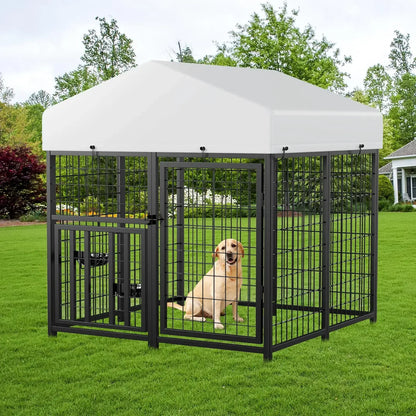 ROOMTEC Heavy Duty Outdoor Dog Kennel with Rotating Bowls, 8 x 4 x 5.6-ft