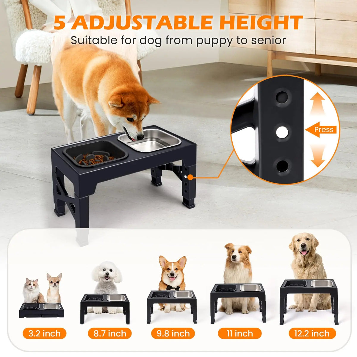 2-in-1 Elevated Slow Feeder Dog & Cat Bowls, Non-Slip Stainless Steel/Plastic/ Pet Food & Water Bowls with Foldable Stand!
