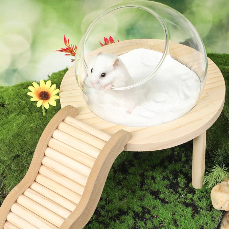 Hamster Bath House with Wooden Ladder Bridge. Easy to Clean. 
Climbing Toy Hamster Bathroom. Glass Shower Container for Safe Bathing