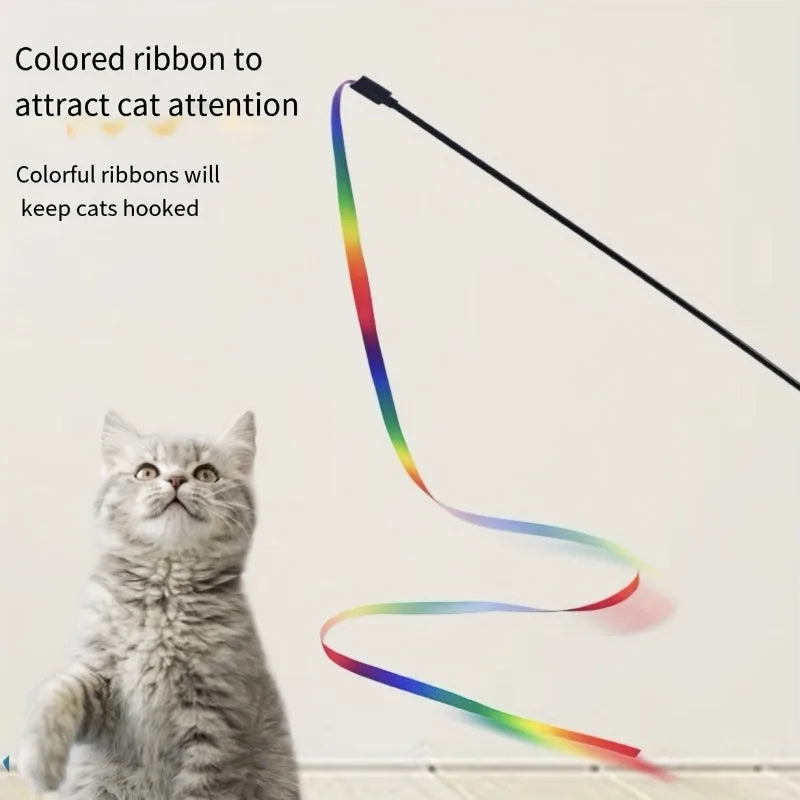 Interactive Cat Toys with Colorful Ribbon Strips. Kitten Playing Teaser Wand Toy.