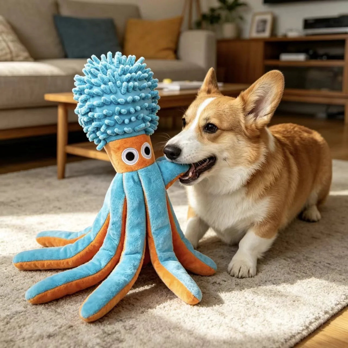 Soft Plush Octopus Dog Toy Squeaky Interactive Chew Toy, Teeth Cleaning. Companion Pet Play Toy for Boredom Relief.