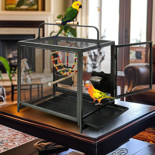 Wrought Iron Bird Travel Carrier Cage Parrot Cage with Handle & Wooden Perch W/Seed Guards for Small Parrots Canaries & Budgies. - JanesWaggingWonders