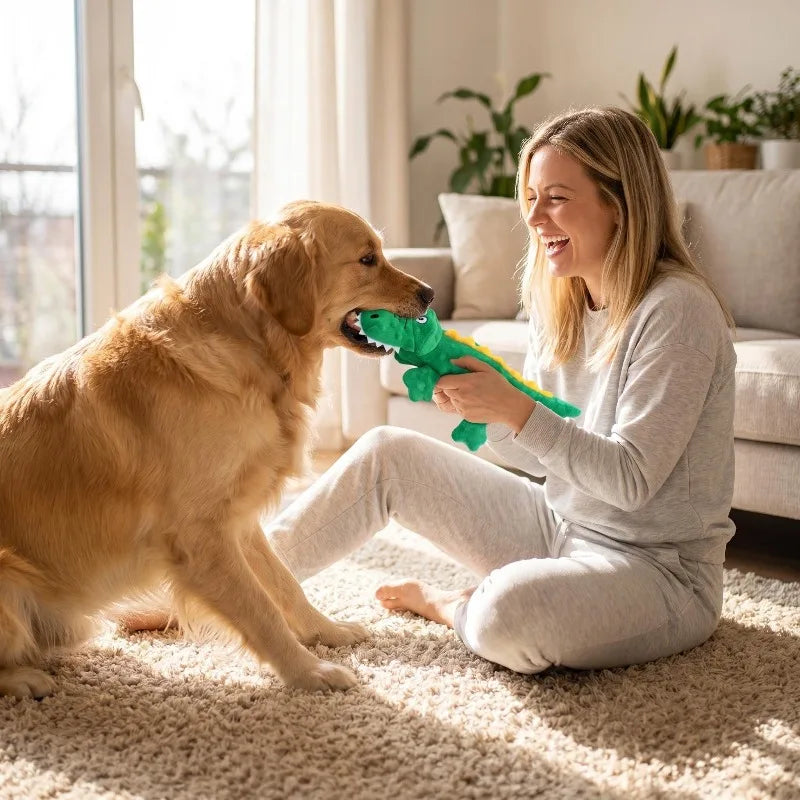 Soft Plush Dog Squeaky Chew Toys.  Stuffed Crocodile for Small & Large Dogs & Cat! Cute Interactive Squeak Toy.