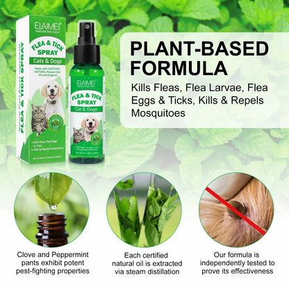 100ml Natural Pet Care Topical Flea & Tick Spray for Dogs & Cats with Fresh Fragrance Peppermint Oil and Eugenol