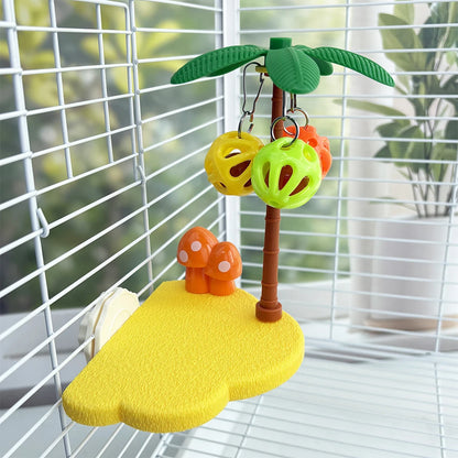 Tropical Bird Perch Platform Bell Ball Palm Tree. Interactive Toy Budgie Cockatiel Enrichment Boredom Relief Cage Accessory!