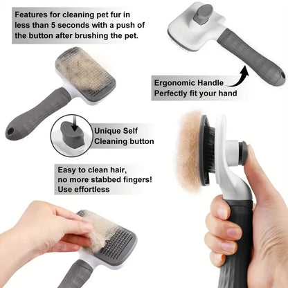 Dual-Use Dog Cat Grooming Brush. Self-Cleaning Slicker Comb with Round-Tip Bent Needles, Ergonomic Handle.