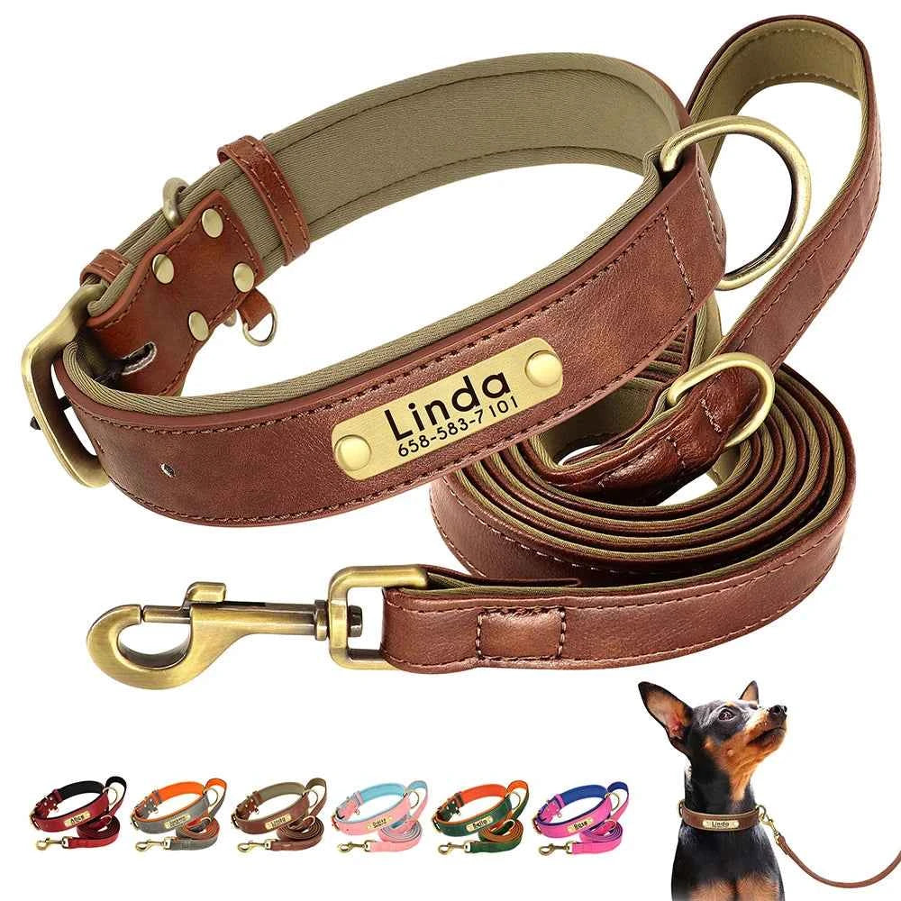 Customized Leather Dog Collar & Leash Set; Soft Padded Leather Collar  With Free Engraved Nameplate for Small Medium Large Dogs