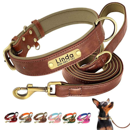Customized Leather Dog Collar & Leash Set; Soft Padded Leather Collar  With Free Engraved Nameplate for Small Medium Large Dogs