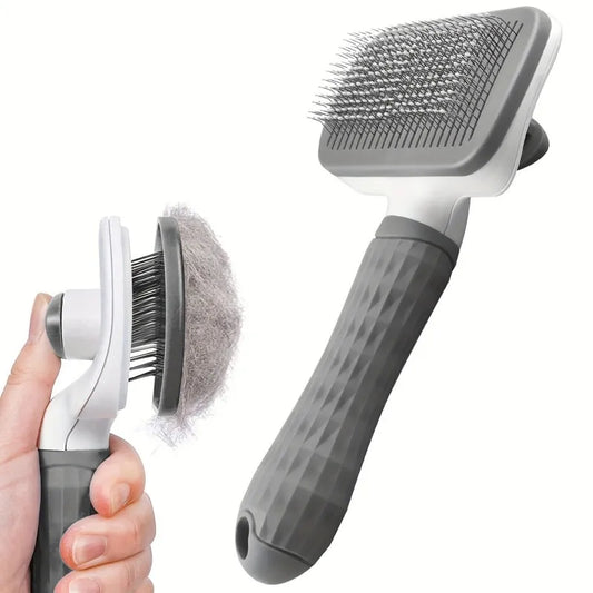 Dual-Use Dog Cat Grooming Brush. Self-Cleaning Slicker Comb with Round-Tip Bent Needles, Ergonomic Handle.