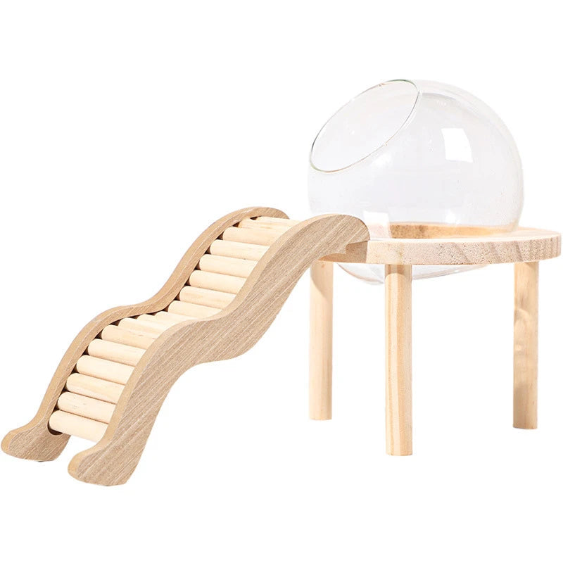 Hamster Bath House with Wooden Ladder Bridge. Easy to Clean. 
Climbing Toy Hamster Bathroom. Glass Shower Container for Safe Bathing