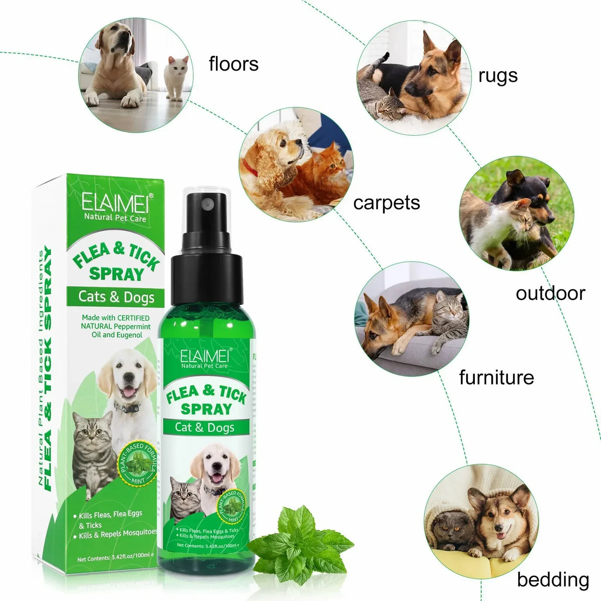 100ml Natural Pet Care Topical Flea & Tick Spray for Dogs & Cats with Fresh Fragrance Peppermint Oil and Eugenol