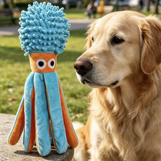 Soft Plush Octopus Dog Toy Squeaky Interactive Chew Toy, Teeth Cleaning. Companion Pet Play Toy for Boredom Relief.