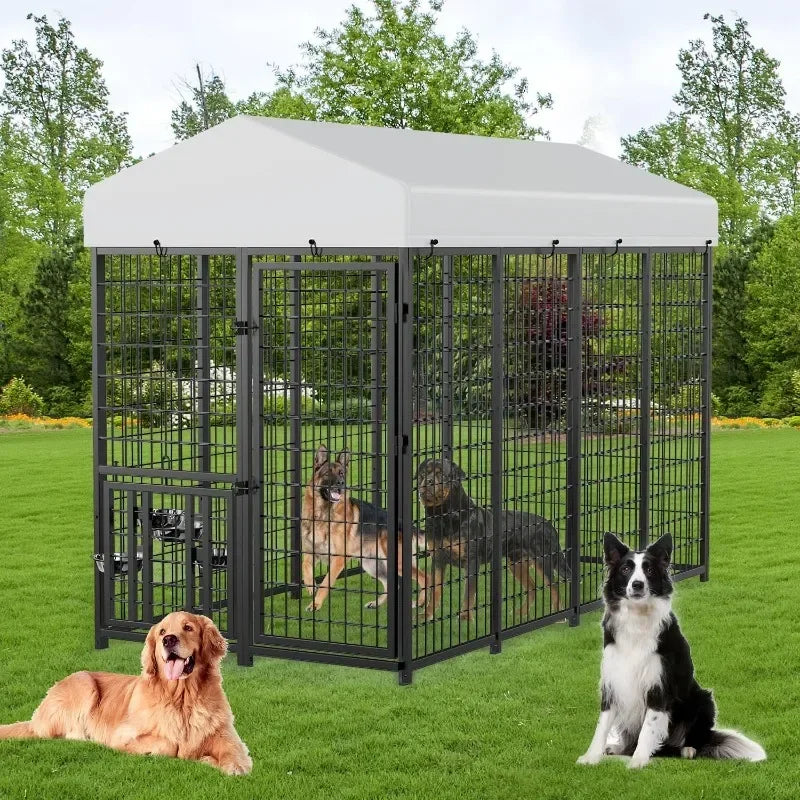 ROOMTEC Heavy Duty Outdoor Dog Kennel with Rotating Bowls, 8 x 4 x 5.6-ft
