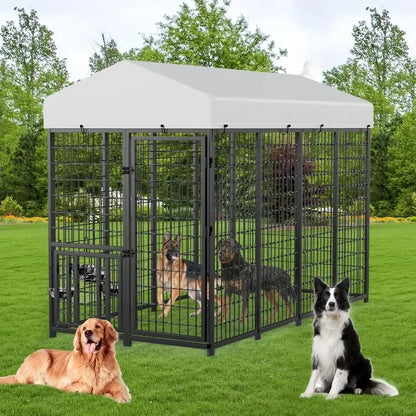 ROOMTEC Heavy Duty Outdoor Dog Kennel with Rotating Bowls, 8 x 4 x 5.6-ft