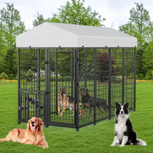 ROOMTEC Heavy Duty Outdoor Dog Kennel with Rotating Bowls, 8 x 4 x 5.6-ft