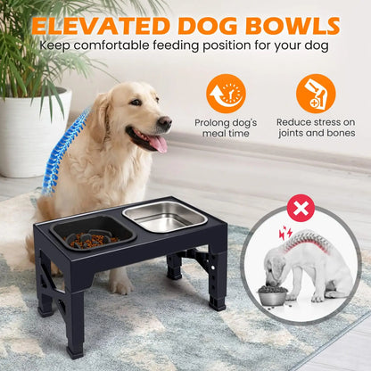 2-in-1 Elevated Slow Feeder Dog & Cat Bowls, Non-Slip Stainless Steel/Plastic/ Pet Food & Water Bowls with Foldable Stand!