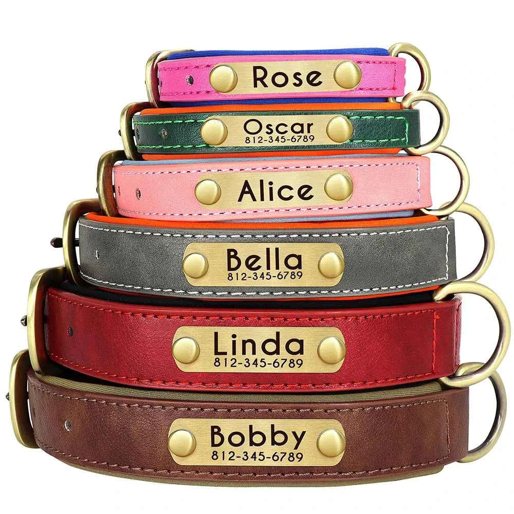 Customized Leather Dog Collar & Leash Set; Soft Padded Leather Collar  With Free Engraved Nameplate for Small Medium Large Dogs