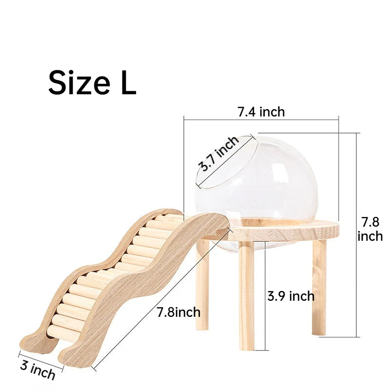 Hamster Bath House with Wooden Ladder Bridge. Easy to Clean. 
Climbing Toy Hamster Bathroom. Glass Shower Container for Safe Bathing