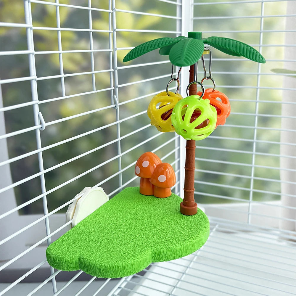 Tropical Bird Perch Platform Bell Ball Palm Tree. Interactive Toy Budgie Cockatiel Enrichment Boredom Relief Cage Accessory!