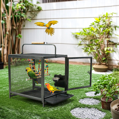 Wrought Iron Bird Travel Carrier Cage Parrot Cage with Handle & Wooden Perch W/Seed Guards for Small Parrots Canaries & Budgies. - JanesWaggingWonders